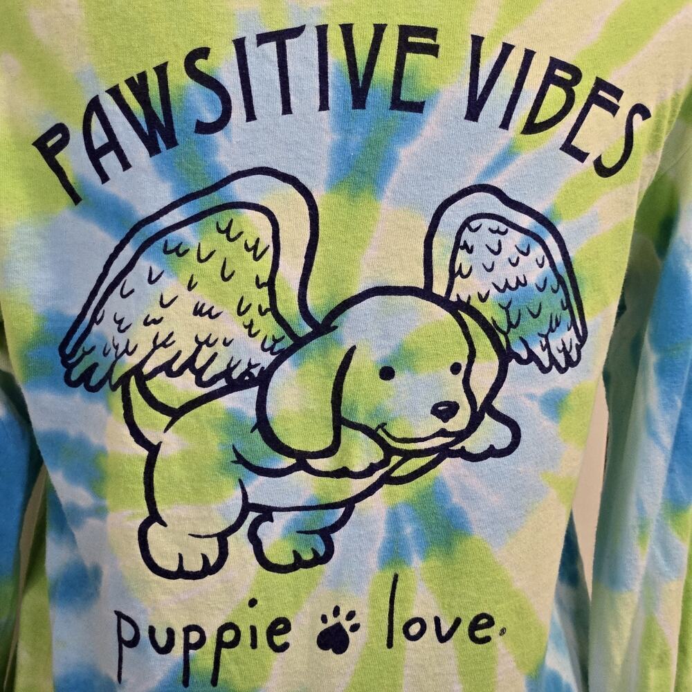 Puppy Love Size SMALL Blue Green Tie Dye Long Sleeve Logo Crew Neck Dog Hippie - Picture 4 of 7